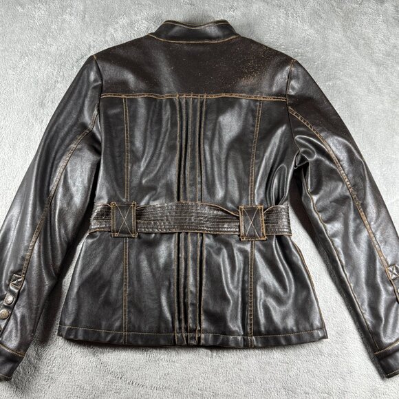 Dollhouse Distressed Moto Utility Belted Faux Leather Jacket Women’s M Brown - Picture 12 of 16